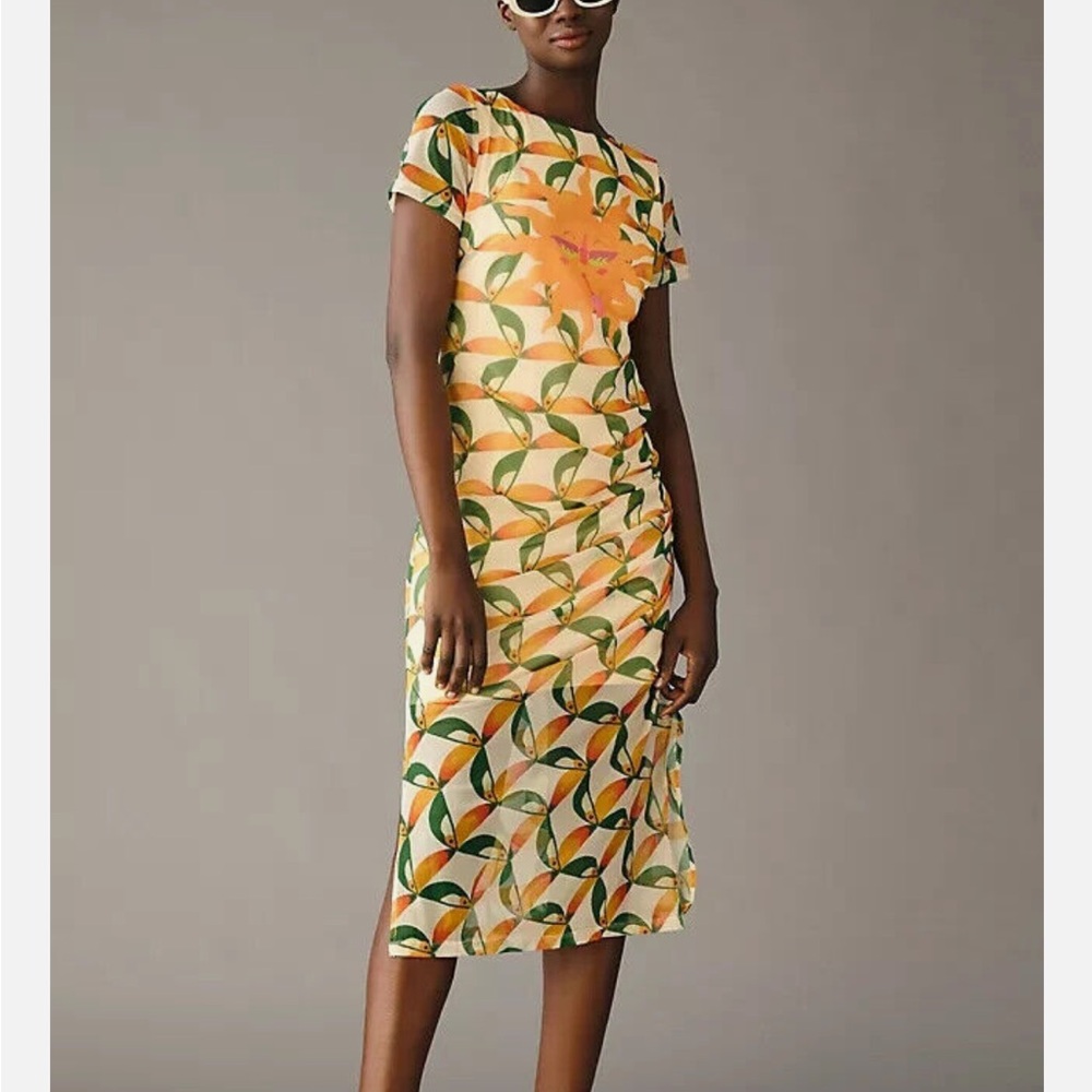 FARM Rio Yellow Orange Sheath Midi Dress Casual Crew Neck